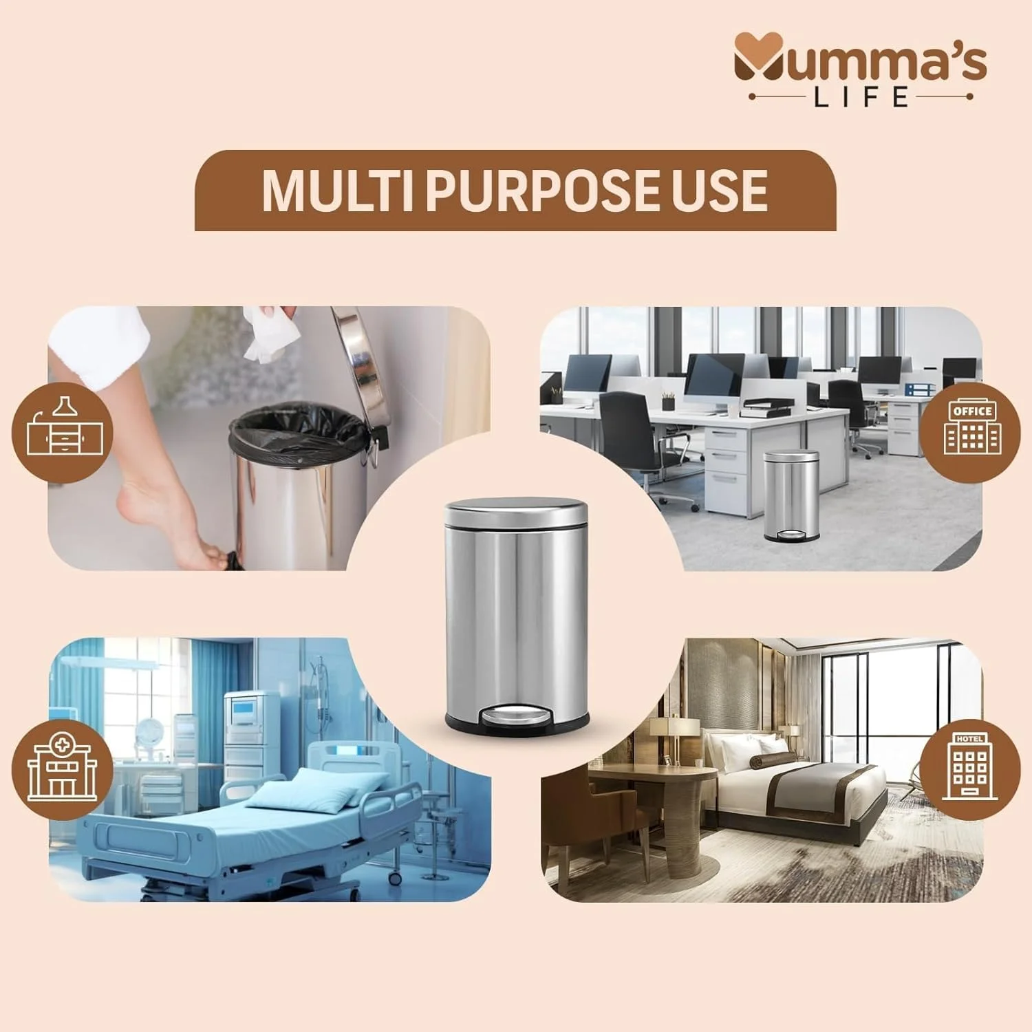 Mummas-LIFE-8L Dustbin with Lid for Kitchen, Bathroom, Bedroom & Office | Buy Online India